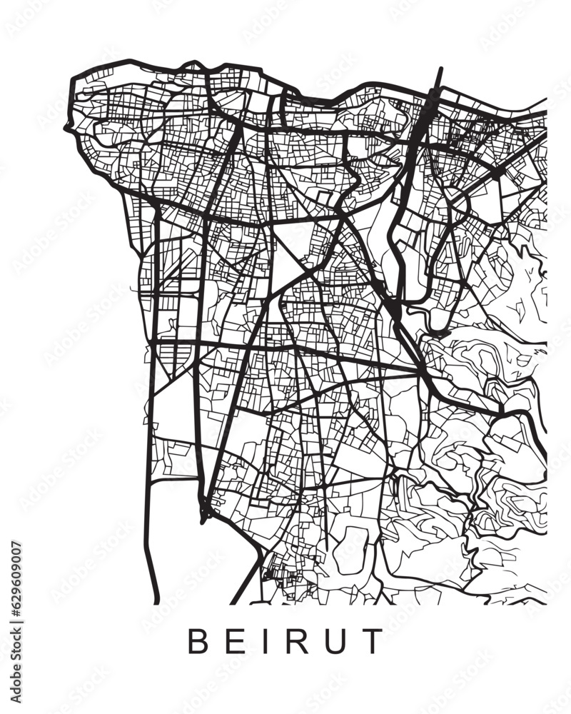 Outlined vector illustration of the map of Beirut on the white background Outlined vector illustration of the map of Beirut on the white background