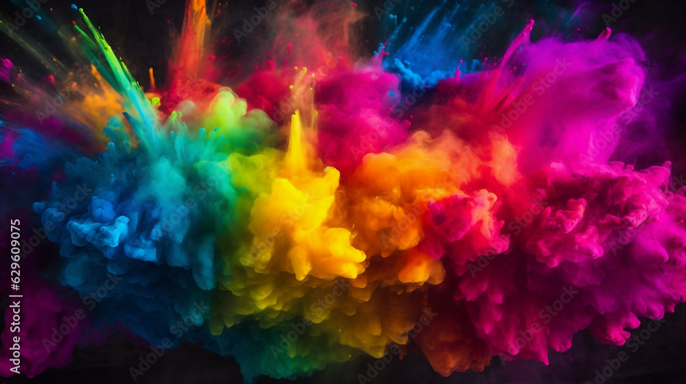 Vibrant Holi Celebration: Closeup Colorful Rainbow Holi Paint Color Powder Explosion - Captivating Stock Image for Sale