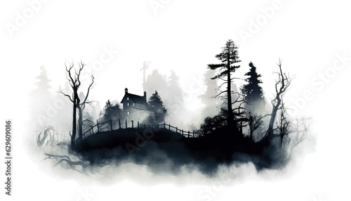Eerie fog surrounding a spooky scene  adding mystery and suspense  Halloween eerie fog  misty atmosphere  haunting haze  spooky mist  Halloween concept