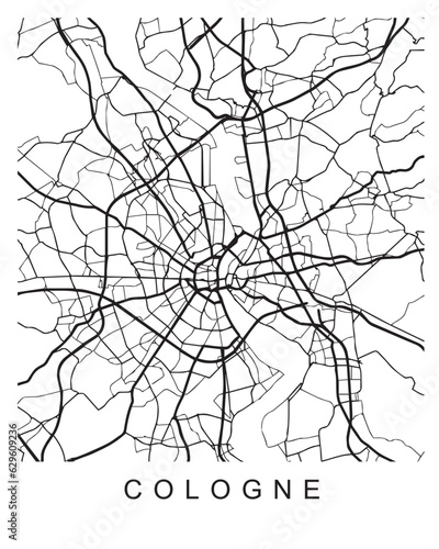 Outlined vector illustration of the map of Cologne on the white background