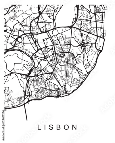 Vector design of the street map of Lisbon against a white background