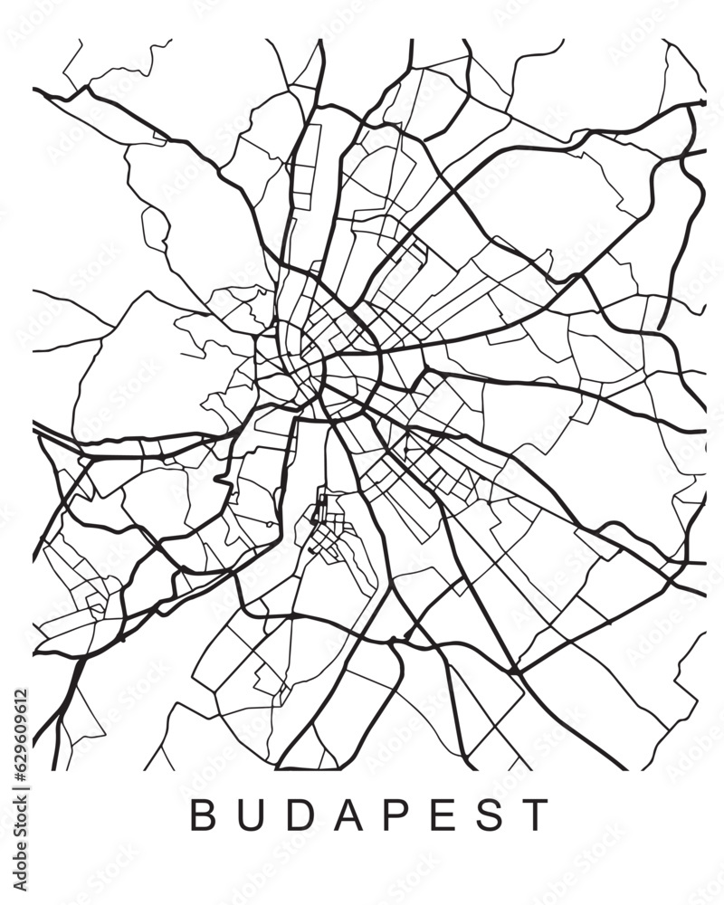 Naklejka premium Vector design of the street map of Budapest against a white background