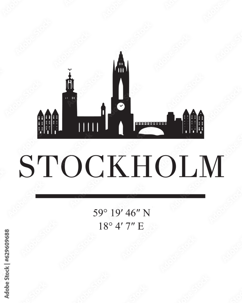 Editable vector illustration of the city of Stockholm with the remarkable buildings of the city