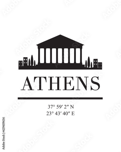 Editable vector illustration of the city of Athens with the remarkable buildings of the city