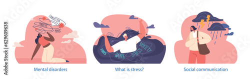 Isolated Elements Characters With Psychological Problems Includes Anxiety, Depression, And Stress. Mental Health Issues