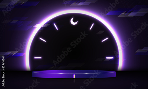 3D Rendered Neon Podium with Glowing Clock on background with 12 Midnight as Crescent Moon Icon. 3D Cyber Platform studio backdrop template. Vector Illustration. EPS 10.