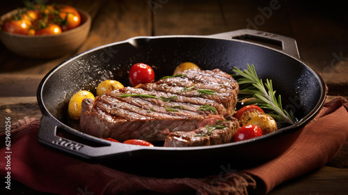 a seasoned cast iron skillet, searing succulent meat with beautiful grill marks. The image emphasizes the skillet's ability to retain and evenly distribute heat for professional-level cooking