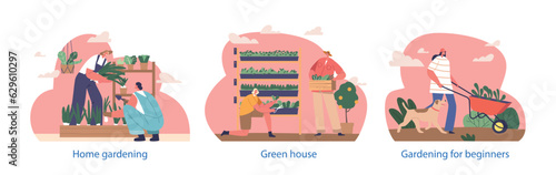 Isolated Elements With Gardener Characters Caring For Greens In Greenhouse, People Nurture Plants, Cartoon Vector Icons