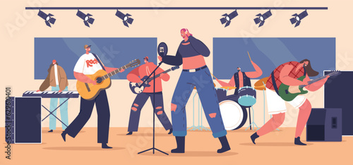 Rock Band Performing Music Concert On Stage. Electric Guitarists, Drummer, Singer, Piano Player Artist Characters