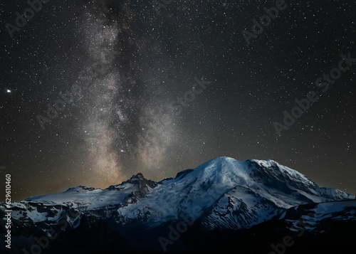 View of the night sky over Mount Rainier, featuring a bright Milky Way