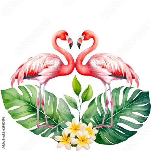 Flamingo couple, frangipani flowers, tropical leaves isolated background © Maliwan