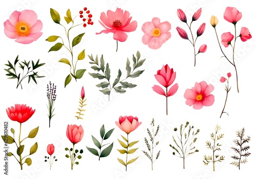 Set of hand drawn watercolor flowers  leaves and branches. Vector illustration.