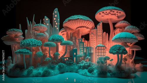 Fantastic teal-orange colored mushroom wirld city, neural network generated image photo