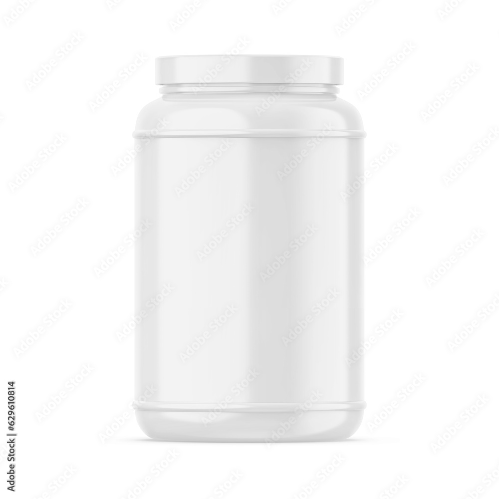 Supplement bottle mockup. White plastic protein container for bodybuilding sport, 3d render illustration Supplement bottle mockup. White plastic protein container for bodybuilding sport, 3d render illustration