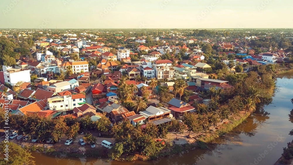 Drone shot of city of Siem Reap, Cambodia.