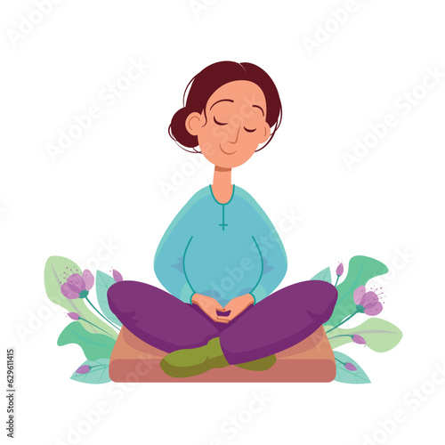 Calm girl meditating on the pillow with flowers isolated on white background. Vector clip art for prints, stickers, yoga blogs, spiritual.