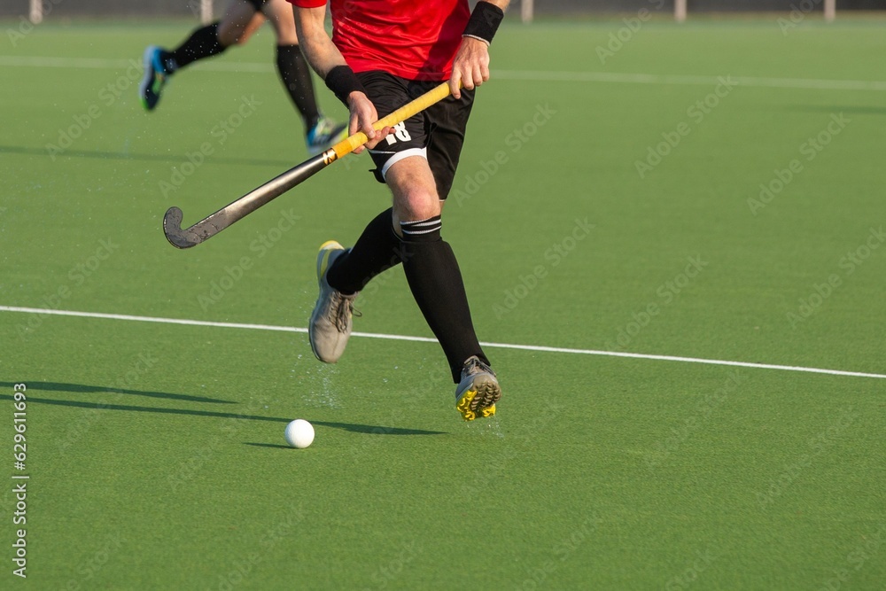 Field hockey player on artificial grass play field. Field hockey player on artificial grass play field.