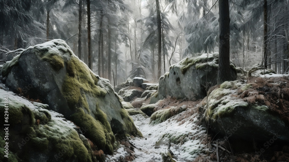Fototapeta premium Enchanting Winter Wilderness: Landscape Forest with Pine Trees and Moss on Rock - Captivating Stock Image for Sale