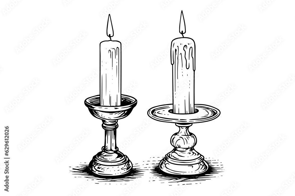 Fototapeta premium Thick christmas candles burning. Hand drawn sketch engraving style vector illustration.