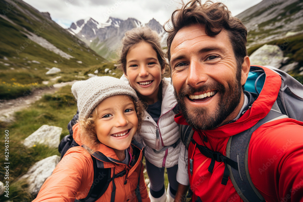 Generative AI picture of amazing young family three members traveling together mom dad son daughter hiking hobby Generative AI picture of amazing young family three members traveling together mom dad son daughter hiking hobby