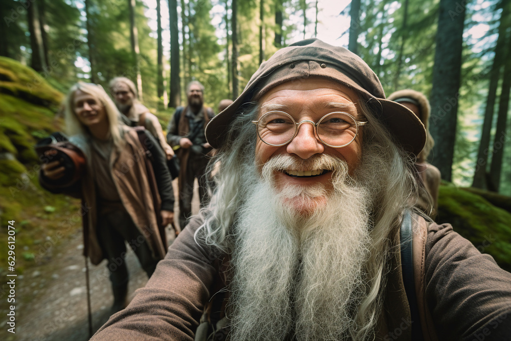 Generative AI picture image of wanderer group aged people in tourist gear enjoying forest hiking making shooting selfies Generative AI picture image of wanderer group aged people in tourist gear enjoying forest hiking making shooting selfies