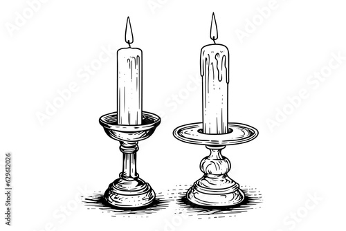 Thick christmas candles burning. Hand drawn sketch engraving style vector illustration.