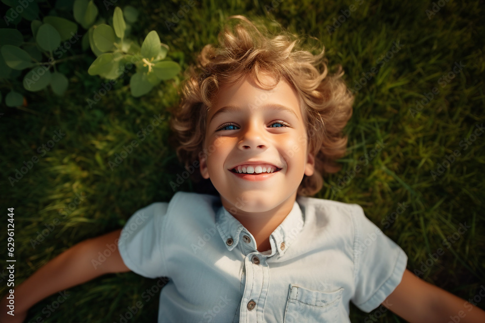 Generative ai collage of cute adorable boy have rest free time school weekend holiday on green grass Generative ai collage of cute adorable boy have rest free time school weekend holiday on green grass