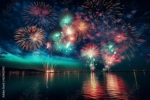 Beautiful fireworks by the river at night. AI technology generated image