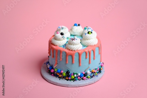 Blue birthday cake with white cream meringues and sprinkles against a pink background