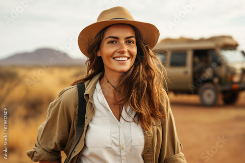Generative AI picture pretty young wanderer in tourist clothing hat standing at yellow sand desert african safari car trip