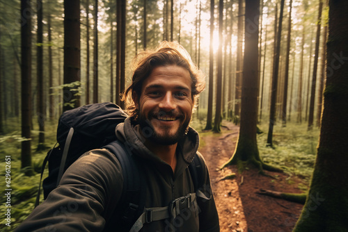 Generative AI picture image of wanderer person guy in tourist gear enjoying breathtaking forest hiking making shooting selfies