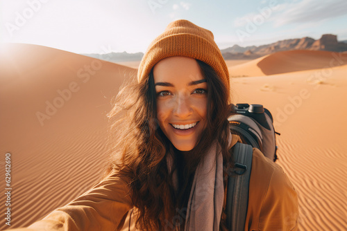 Generative AI picture image of funny woman traveler blogger making selfies sunny day lonely desert beautiful sand view