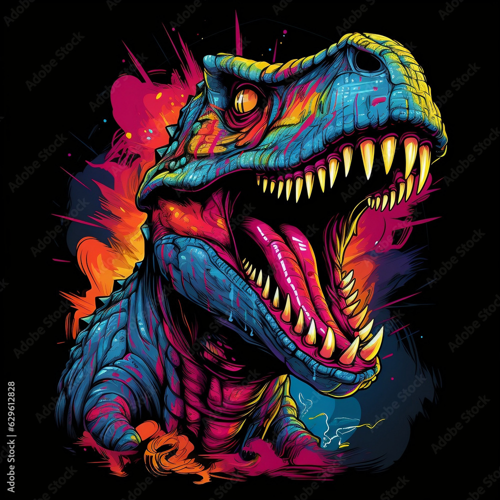 A neon Spinosaurus, with a retro-inspired shirt design that incorporates bold lines and vibrant color blocks