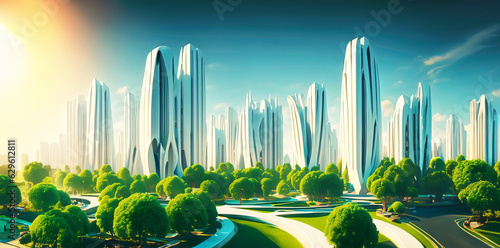  illustrazione di immaginaria, utopica città futuristica, alti edifici bianchi immersi nel verde, passaggi, laghetti, percorsi, cielo luminoso 