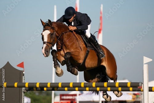 Fotobehang show jumping themed photograph horse jumping over an obstacle