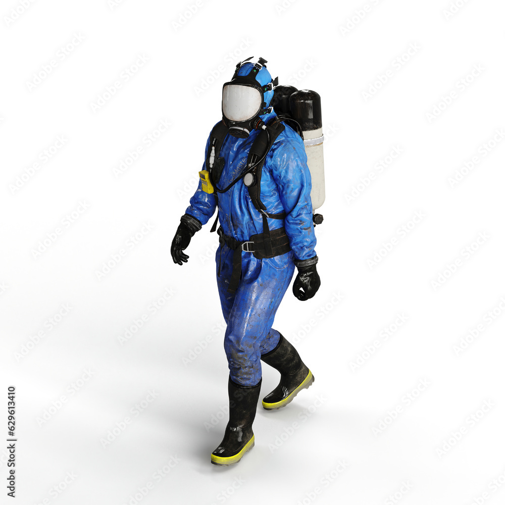 Naklejka premium A 3d rendering of a person wearing a blue gas suit walking on a white background