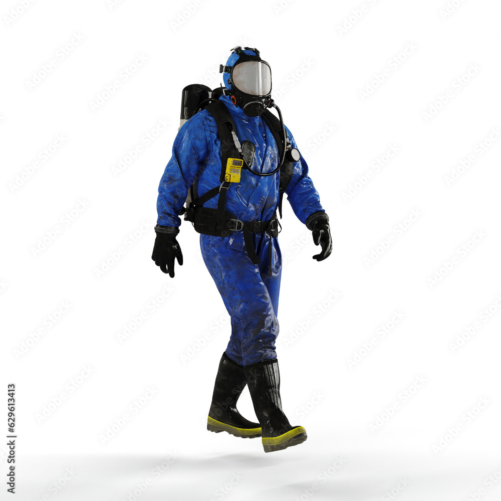 A 3d rendering of a person wearing a blue gas suit walking on a white background