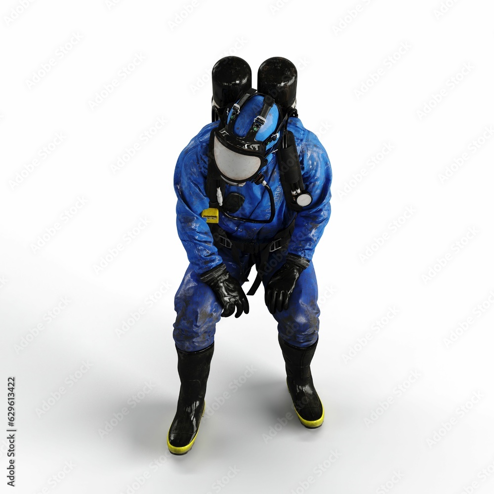 3d rendering of a person wearing a blue gas suit sitting on a white background
