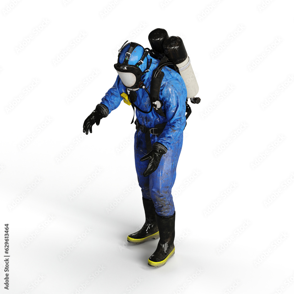 3D rendered image of a person wearing a blue gas mask, crouching in a bent position 3D rendered image of a person wearing a blue gas mask, crouching in a bent position