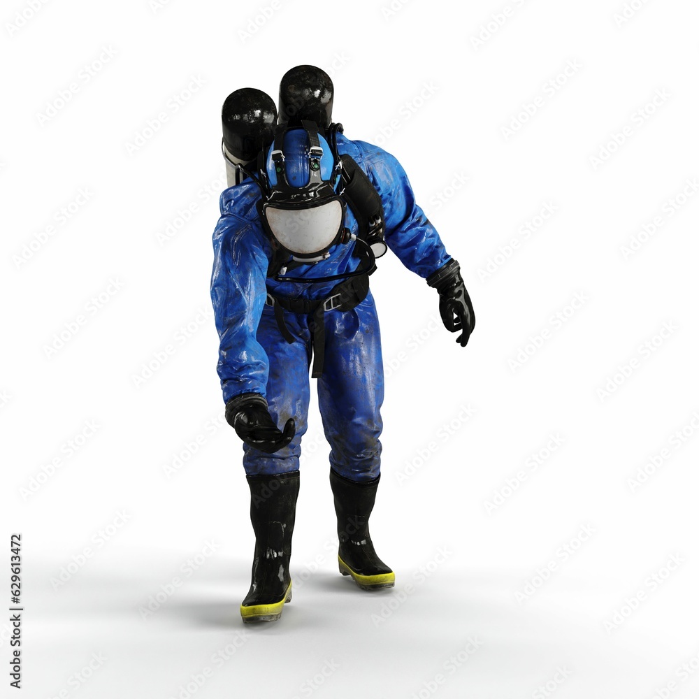 3D rendered image of a person wearing a blue gas mask, crouching in a bent position