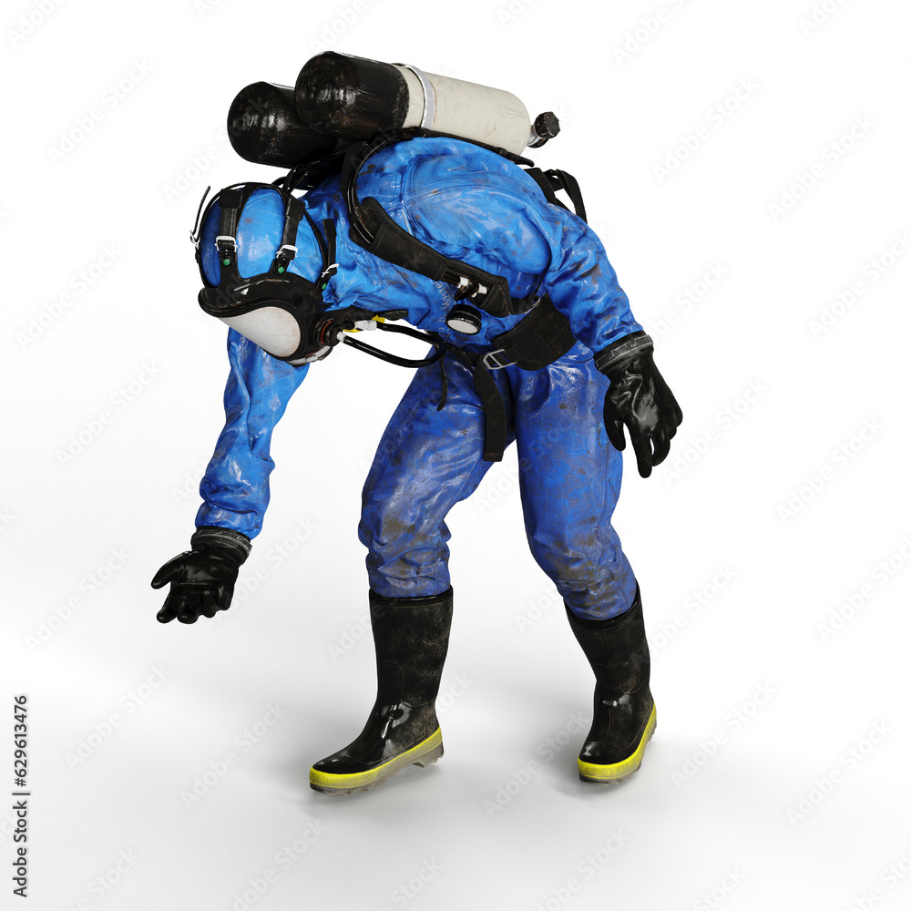 3D rendered image of a person wearing a blue gas mask, crouching in a bent position 3D rendered image of a person wearing a blue gas mask, crouching in a bent position