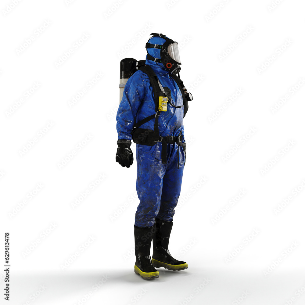 A 3d rendering of a person wearing a blue gas suit on a white background