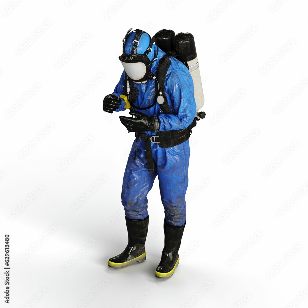 A 3d rendering of a person wearing a blue hazmat suit on a white background