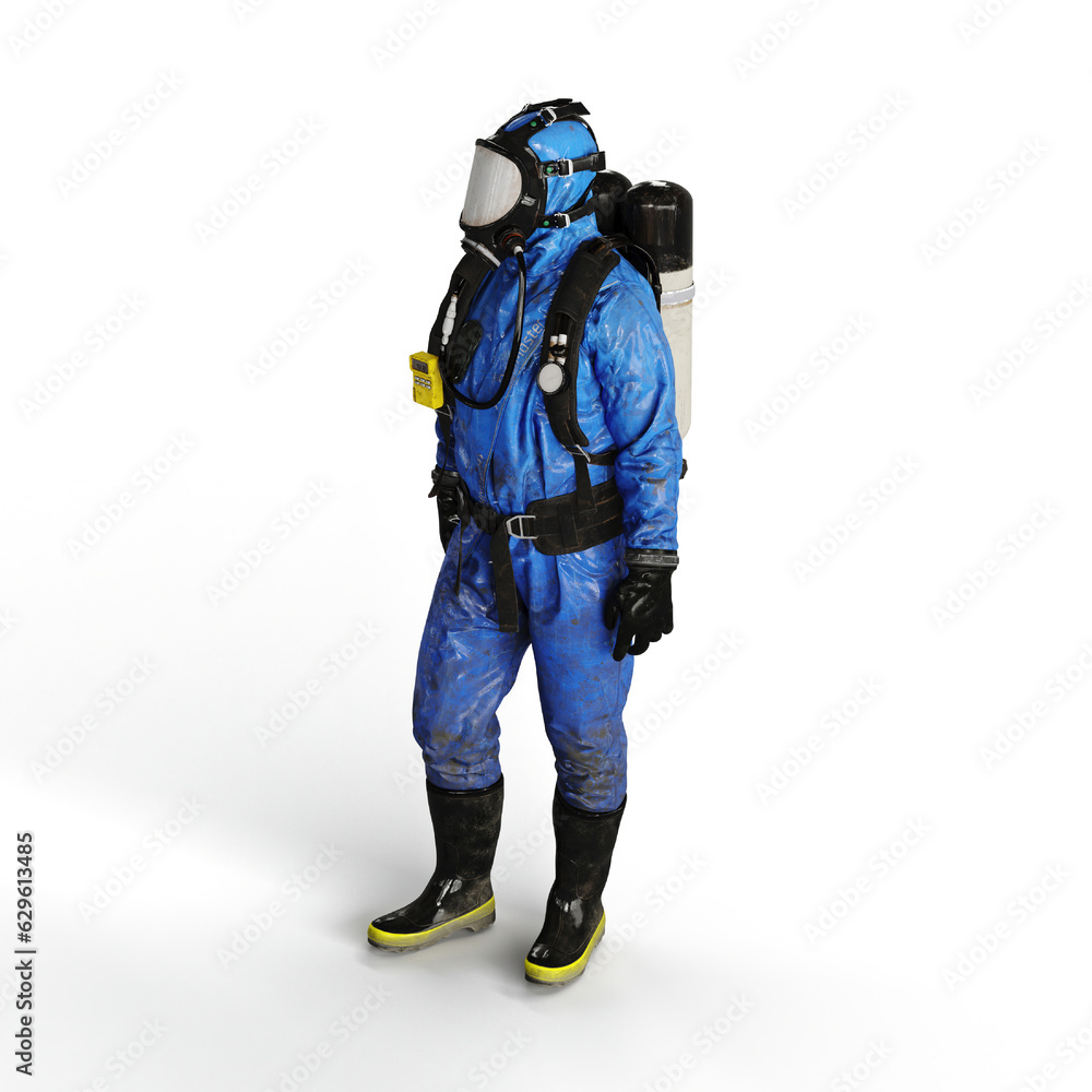 A 3d rendering of a person wearing a blue gas suit on a white background