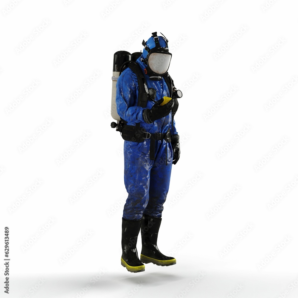 A 3d rendering of a person wearing a blue gas suit using his radio