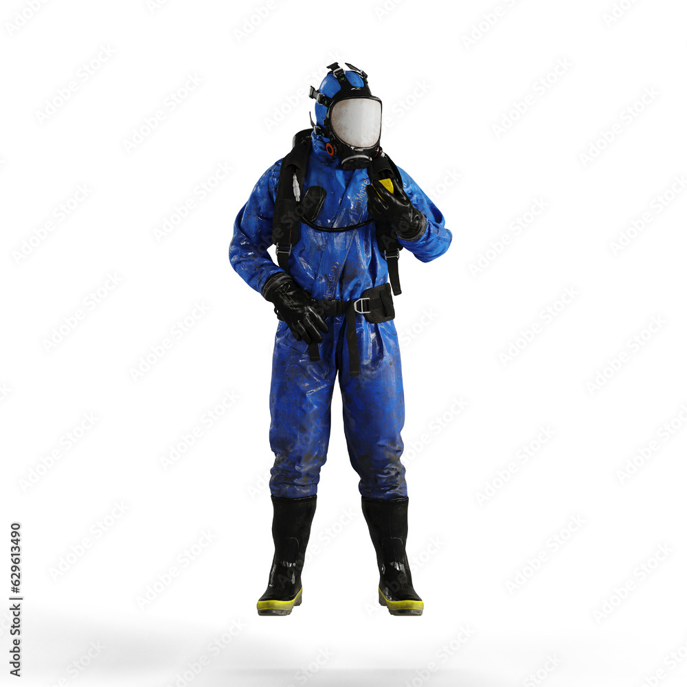 A 3d rendering of a person wearing a blue hazmat suit using its radio