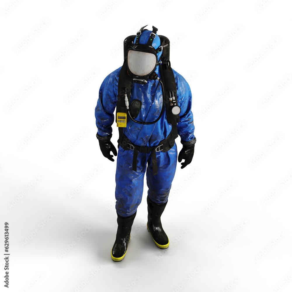 A 3d rendering of a person wearing a blue diving gear on a white background