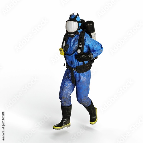 A 3d rendering of a person wearing a blue gas suit walking on a white background © Miklós Polgár/Wirestock Creators