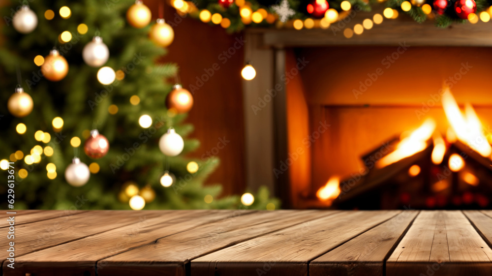 blurred background of xmas tree in home and wooden desk space