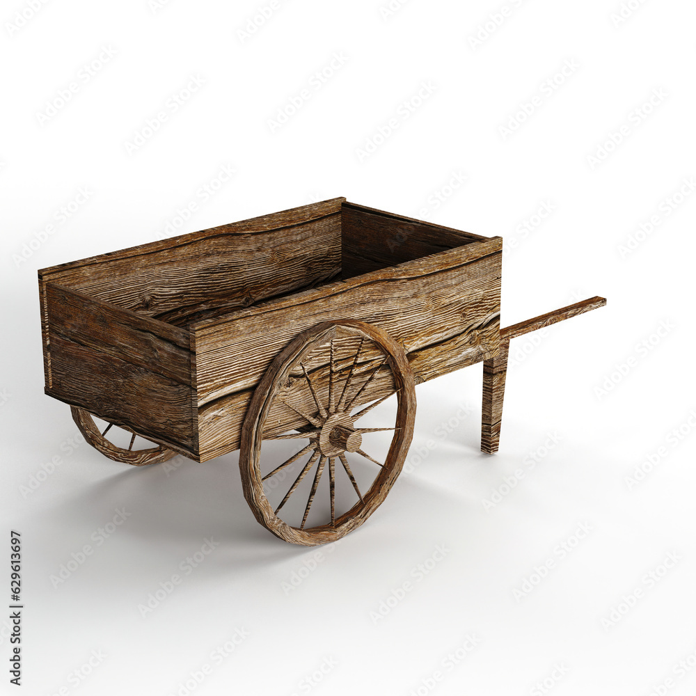 3D rendering of a wooden cart against a crisp white background.